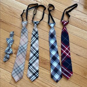 Set of Youth Plaid Clip-On Neckties and Bow Tie - Neutral, Black, Blue, Red